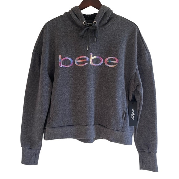 𝅺Bebe Sport Charcoal Rainbow Sequin Logo Hoodie Sweatshirt Women’s Size 1X - Picture 1 of 7